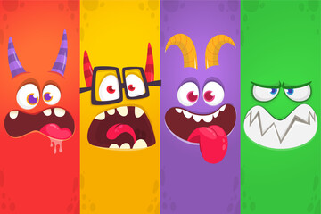 Funny cartoon monster faces emotions set. Illustration of mythical alien creatures different expression. Halloween party design. Great package design.
