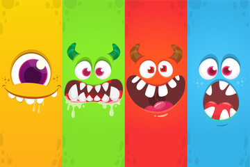 Funny cartoon monster faces emotions set. Illustration of mythical alien creatures different expression. Halloween party design. Great package design. - obrazy, fototapety, plakaty