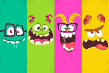 Funny cartoon monster faces emotions set. Illustration of mythical alien creatures different expression. Halloween party design. Great package design. © drawkman