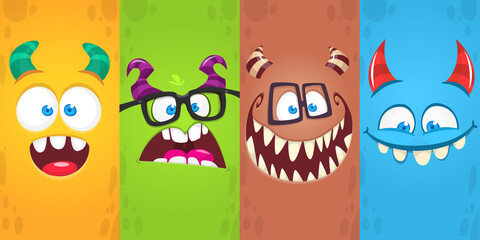 Funny cartoon monster faces emotions set. Illustration of mythical alien creatures different expression. Halloween party design. Great package design.