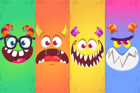 Funny cartoon monster faces emotions set. Illustration of mythical alien creatures different expression. Halloween party design. Great package design.
