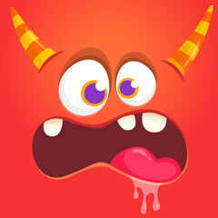 Funny cartoon monster character face expression. Illustration of cute and happy mythical alien creature. Halloween design