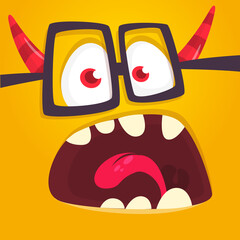 Funny cartoon monster character face expression. Illustration of cute and happy mythical alien creature. Halloween design