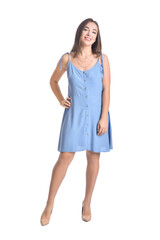 Stylish young woman on white background