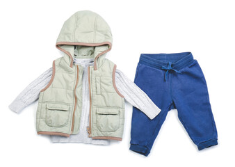 Stylish baby clothes on white background