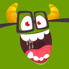 Funny cartoon monster character face expression. Illustration of cute and happy mythical alien creature. Halloween design