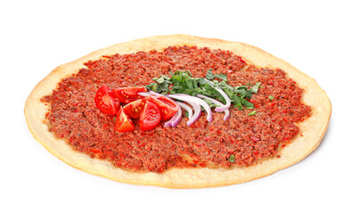 Delicious Turkish pizza on white background