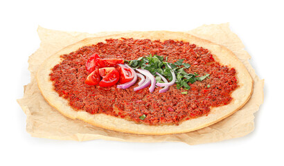 Delicious Turkish pizza on white background