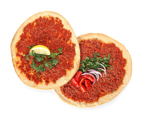 Delicious Turkish pizza on white background