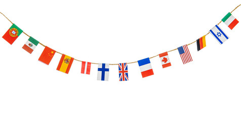 Fototapeta premium Garland with flags of different countries on white background