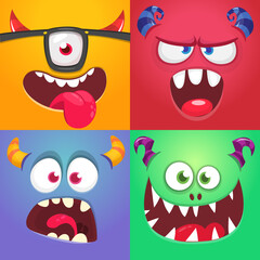 Naklejka premium Funny cartoon monster faces emotions set. Illustration of mythical alien creatures different expression. Halloween party design. Great package design.