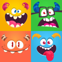 Funny cartoon monster faces emotions set. Illustration of mythical alien creatures different expression. Halloween party design. Great package design.