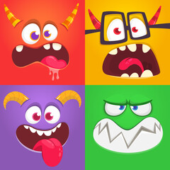 Funny cartoon monster faces emotions set. Illustration of mythical alien creatures different expression. Halloween party design. Great package design.