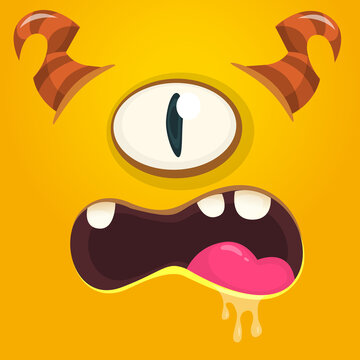 Funny cartoon monster character face expression. Illustration of cute and happy mythical alien creature. Halloween design