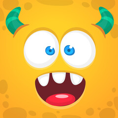 Funny cartoon monster character face expression. Illustration of cute and happy mythical alien creature. Halloween design