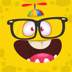 Funny cartoon monster character face expression. Illustration of cute and happy mythical alien creature. Halloween design