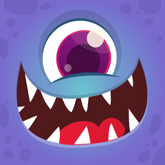 Funny cartoon monster character face expression. Illustration of cute and happy mythical alien creature. Halloween design