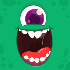Funny cartoon monster character face expression. Illustration of cute and happy mythical alien creature. Halloween design