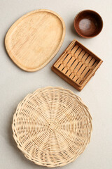 Fototapeta na wymiar Rattan, Bamboo, and Wooden Dish. Concept of Go Green and Recycling