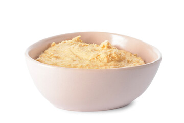 Bowl with tasty hummus on white background