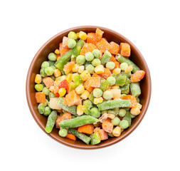 Bowl with mix of frozen vegetables on white background
