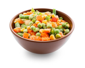 Bowl with mix of frozen vegetables on white background