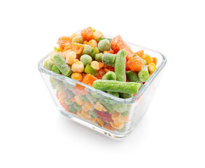 Bowl with mix of frozen vegetables on white background