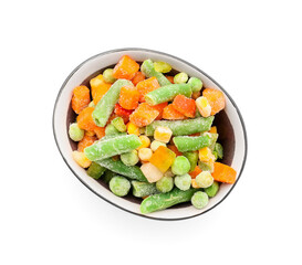 Bowl with mix of frozen vegetables on white background