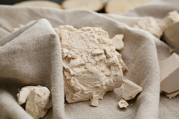 Fresh yeast briquettes on table