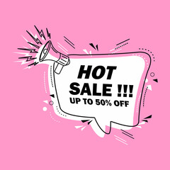 hot sale banner on pink background. discount 50% off. poster for design, web, clothing advertisement  