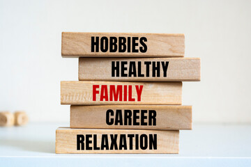 A list of wooden blocks lying on top of each other with a list of branches of human life in English