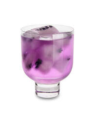 Glass of fresh cocktail with lavender on white background