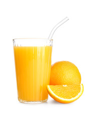 Glass of tasty orange juice on white background