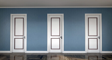 3d illustration. Empty blue wall with doors.