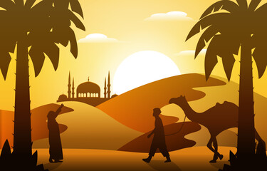 Sunset Arabic Desert Camel Caravan Muslim Islamic Culture Illustration