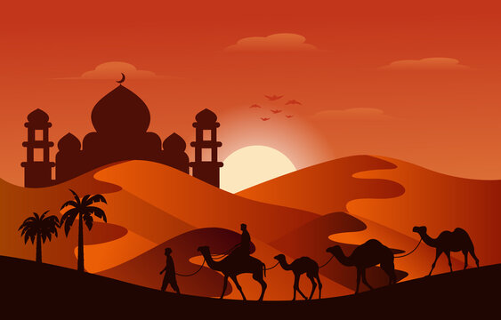 Sunset Arabic Desert Camel Caravan Muslim Islamic Culture Illustration