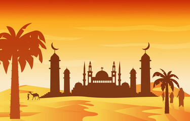 Mosque Arabic Desert Muslim Eid Mubarak Islamic Culture Illustration