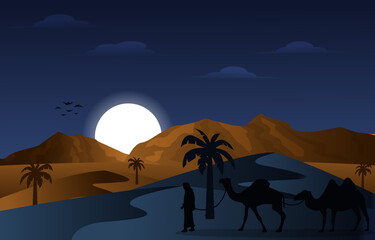 Night Arabic Desert Camel Caravan Muslim Islamic Culture Illustration