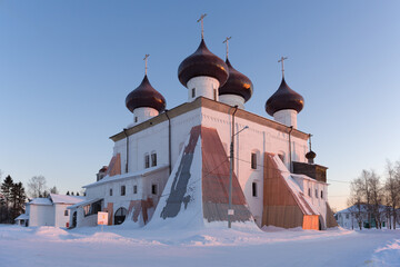 View of the ancient Nativity Cathedral in an early frosty February morning. Kargopol. Arkhangelsk region, Russia