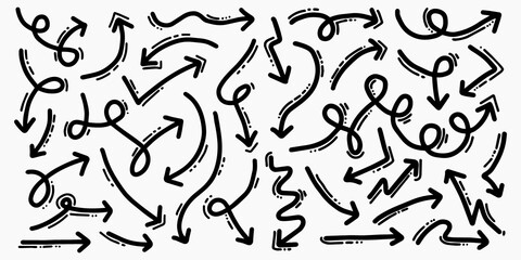 hand drawn arrow icon set isolated on white background. Doodle vector illustration.