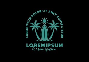 Obraz premium Blue color of surfing board and coconut tree line art illustration with lorem ipsum text