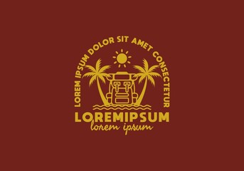 Gold color of backpack and coconut tree with lorem ipsum text