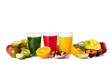 Glasses with healthy juice, fruits and vegetables on white background