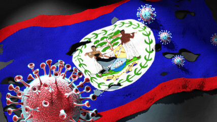 Covid in Belize - coronavirus attacking a national flag of Belize as a symbol of a fight and struggle with the virus pandemic in Belize, 3d illustration
