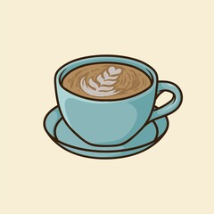 Coffe with cute blue cup flat cartoon Hand Drawn Vector Isolated