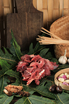 Raw Beef or Lamb above Papaya Leaf, Papain Enzim Make Meat Tender. Cooking Preparation Making, Gule, Gulai, Sate (Satay) or Indonesian Curry for Eid al Adha Menu
