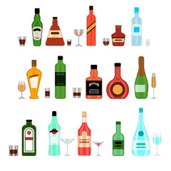Various alcohol bottles with glasses cartoon illustration set. Liquor, wine, beer, soda, whiskey, rum and water flat vector illustration collection. Alcoholic drinks, beverage concept