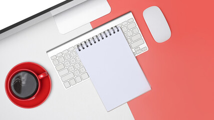 Top view notebook, computer and coffee cup on white and red background.