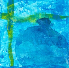 まだらな青に黄緑の十字の背景
Blue textured surface with hand drawn lines