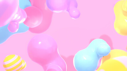 3d rendered colorful floating blobs on pink background.